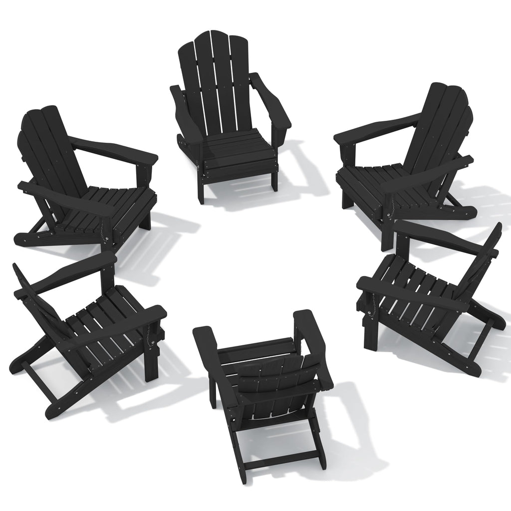 Kingyes Folding Adirondack Chair Set Of 6, Hdpe All-Weather Folding Adirondack Chairs, Outdoor Patio Adirondack Chair For Deck Lawn Fire Pit, Black