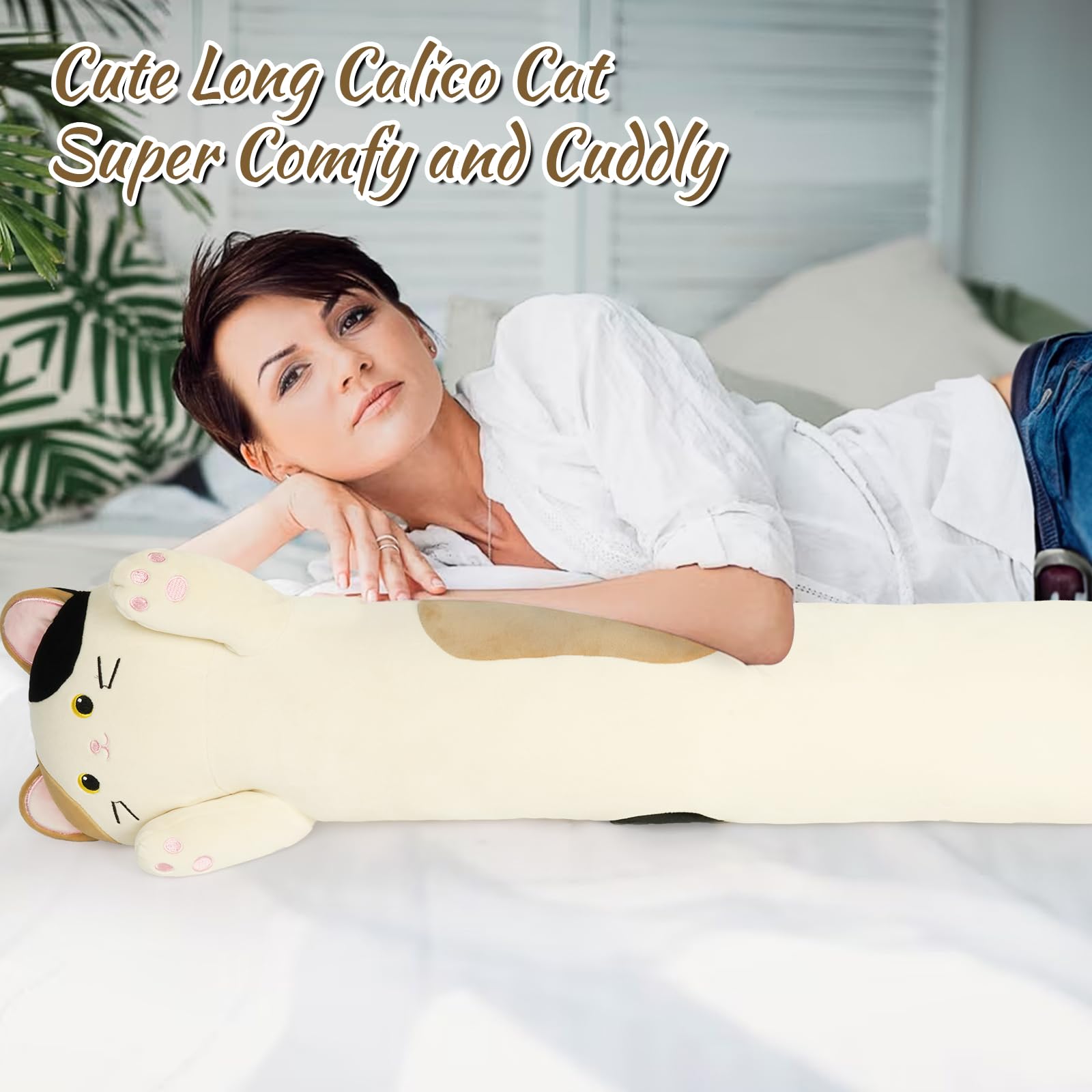 Jerokumi Long Cat Plush Pillow, 31Inch Cartoon Cat Boby Pillow Long Cat Hugging Pillow For Girls, Ctue Long Cat Pillow For Kids,