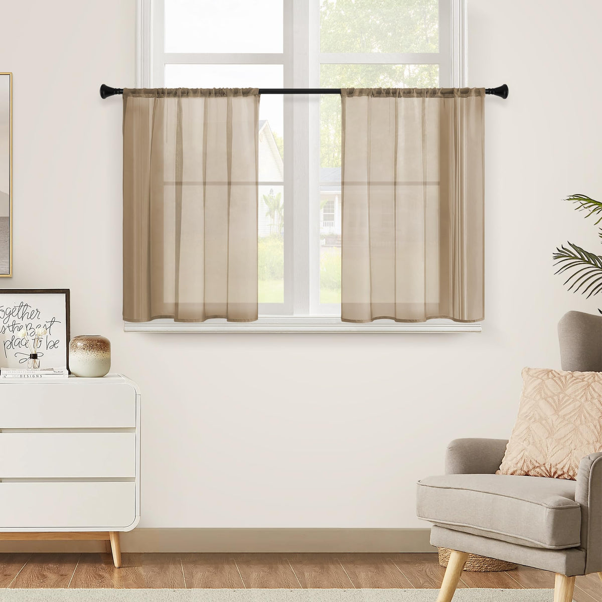 Mrtrees Brown Sheer Curtains 34 X 30 Inch Length Kitchen Tier Short Curtains Light Filtering Rod Pocket Voile Cafe Curtains For