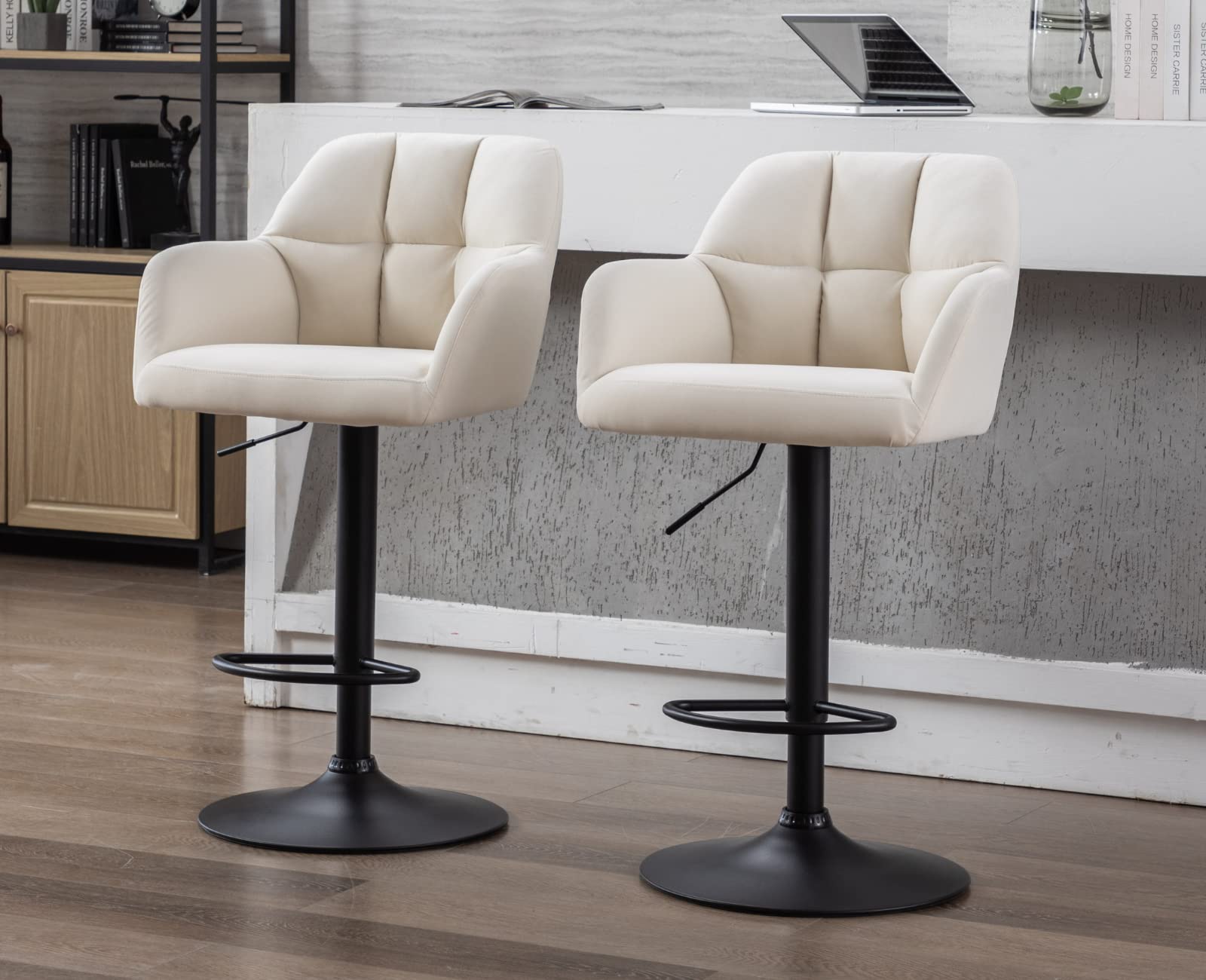 EALSON Modern Swivel Bar Stools Set of 2 Velvet Counter Height Barstools with Back and Arms Adjustable Bar Stool Chairs with Met