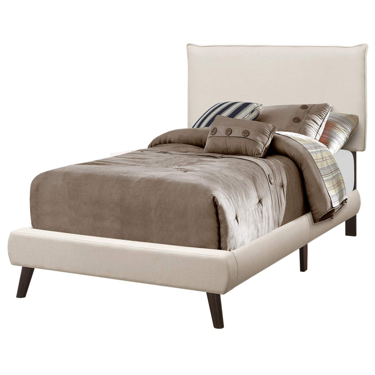 Monarch Specialties Twin Size/Beige Linen with Brown Wood Legs Bed