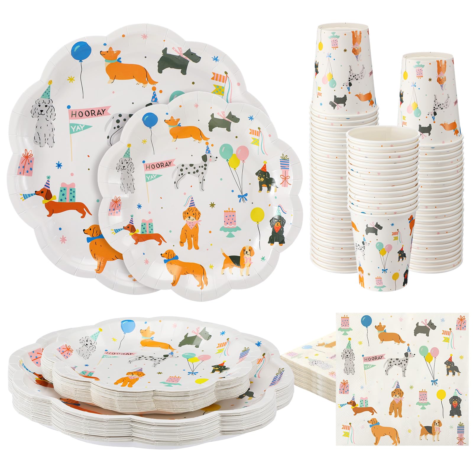 Jinei 100 Pcs Dog Theme Birthday Party Decorations Dog Prints Paper Plates Napkins Cups Tableware Set Disposable Dinnerware Serv