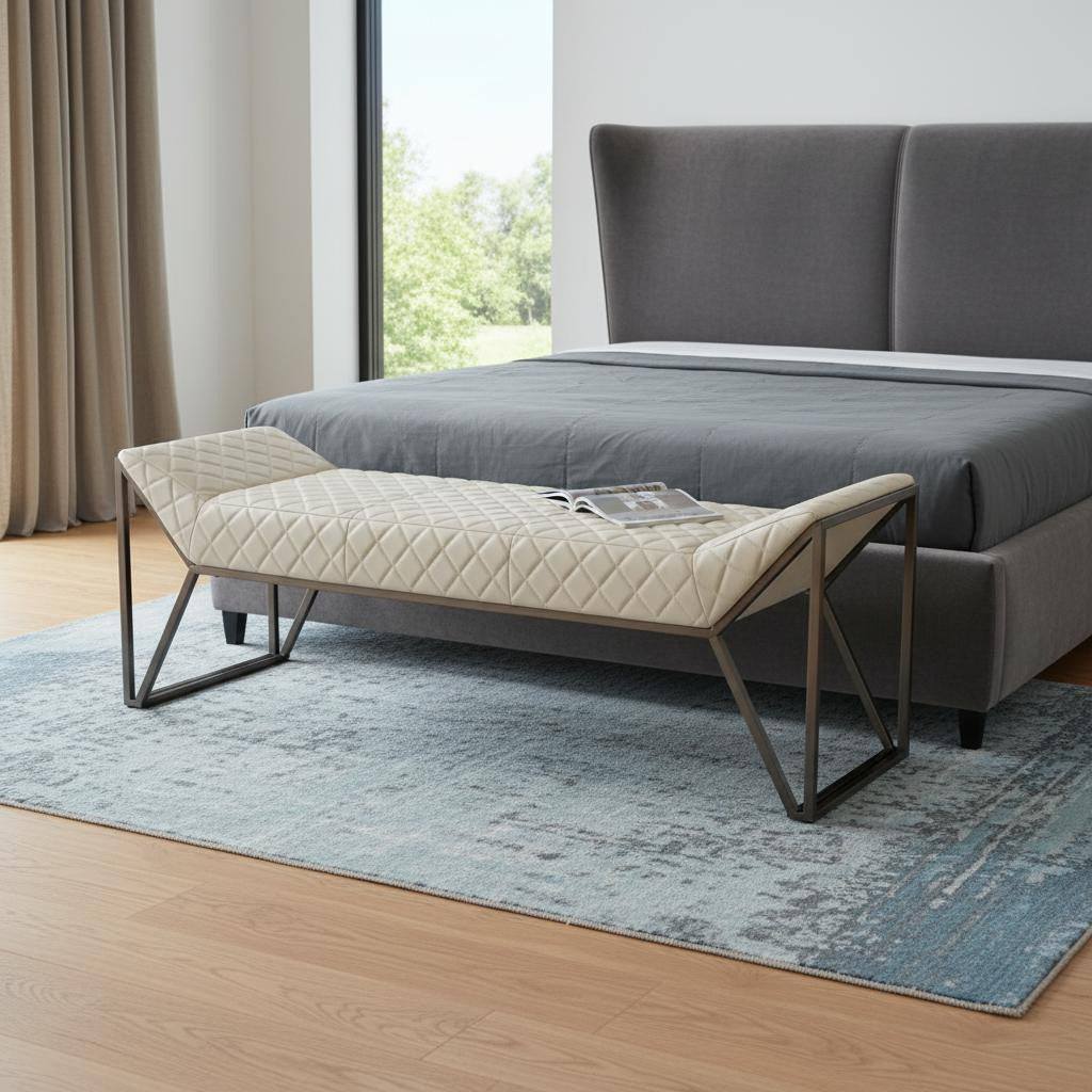 63 Cream and Gray Quilted Faux Leather and Steel Upholstered Bench