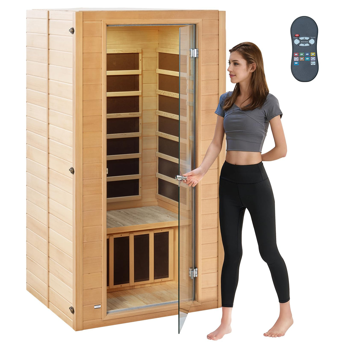 Vevor Far Infrared Wooden Sauna, Room Home Sauna Spa For 1 To 2 Person, Low Emf Far Hemlock Wood Sauna Tempered Glass Door Multi