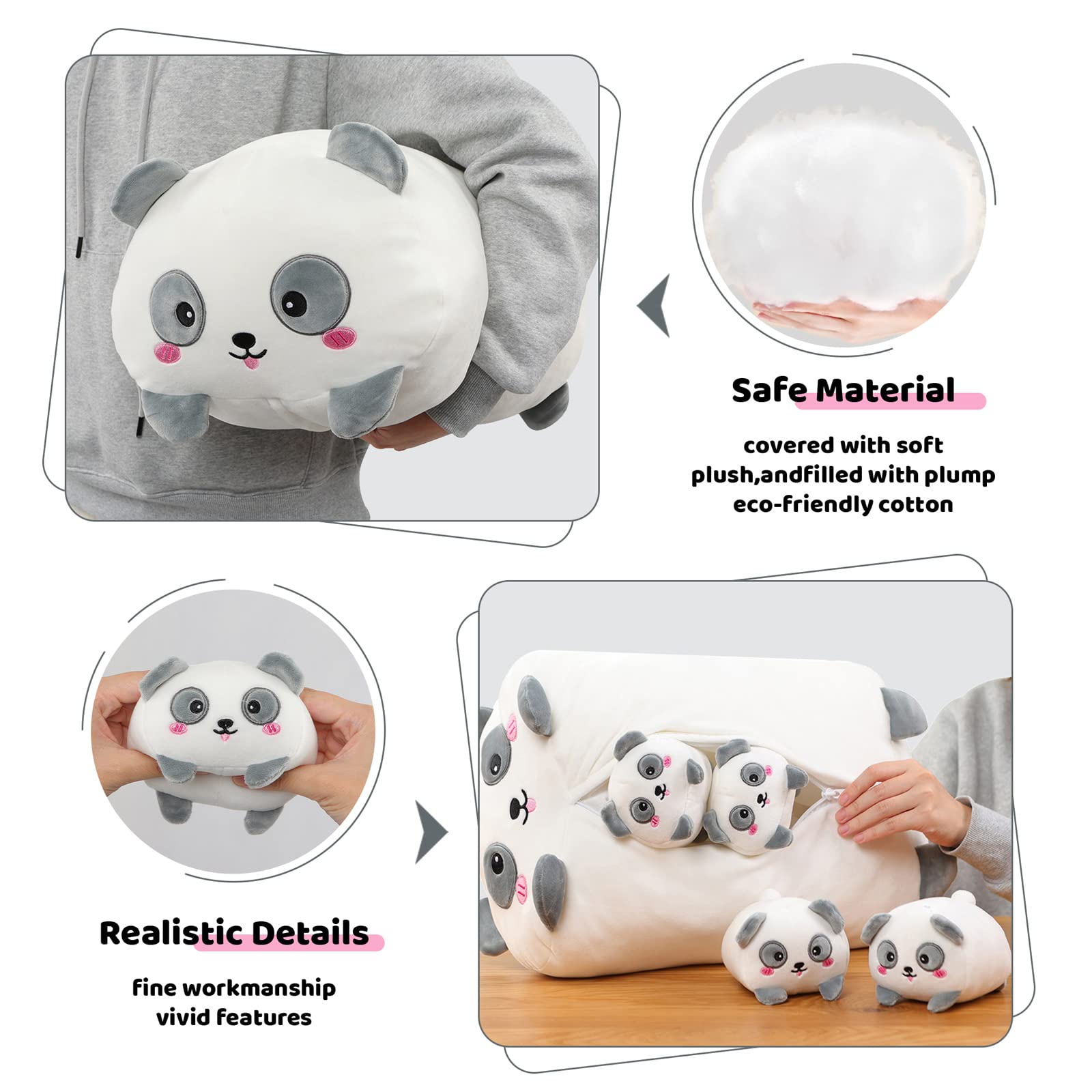 Aixini Cute Panda Mommy Stuffed Animal With 4 Little Baby Pandas Plush, Super Soft Cartoon Hugging Toy Gifts For Bedding, Kids S