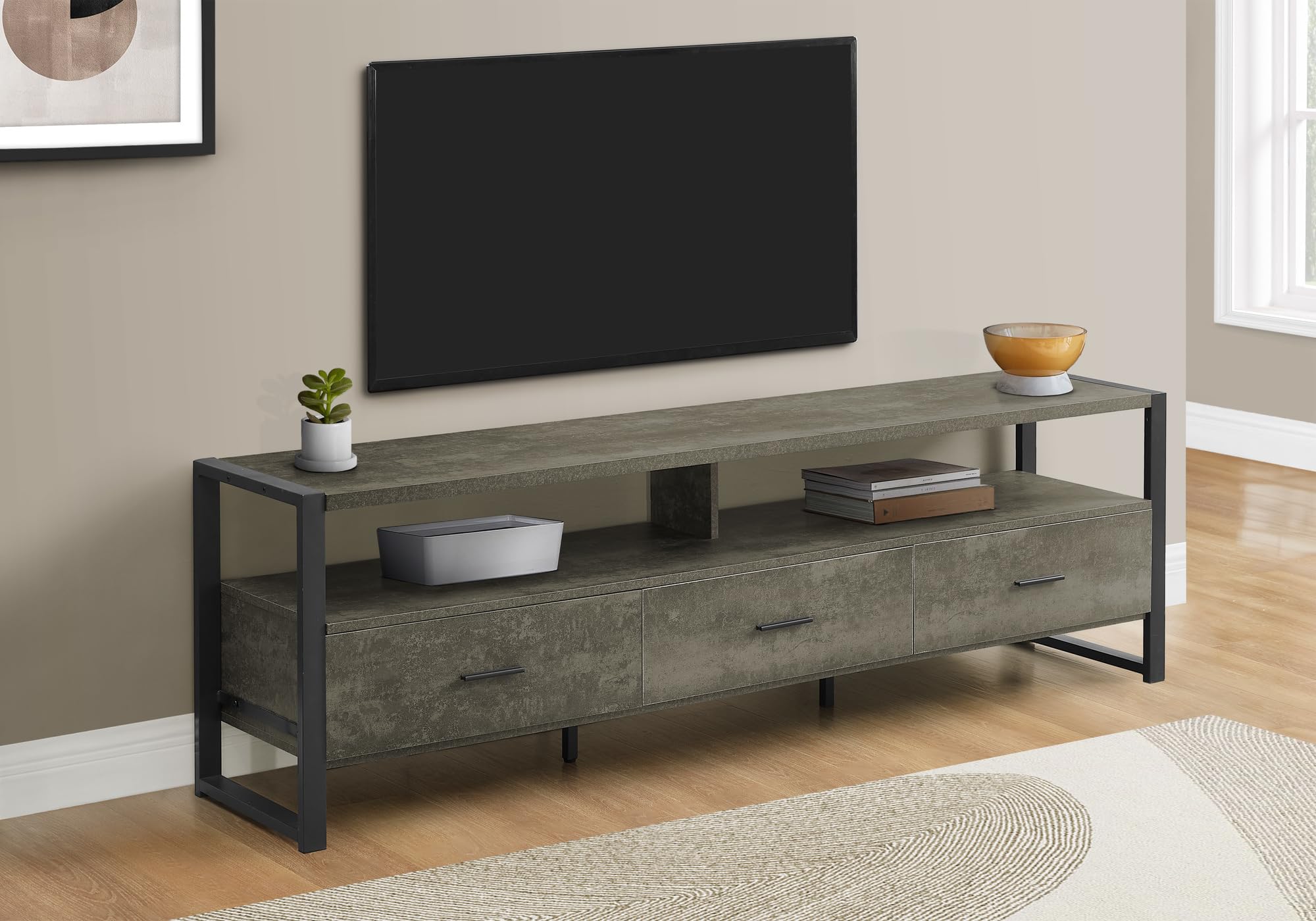 Monarch Specialties I 2847 Tv Stand, 72 Inch, Media Entertainment Center, Dark, Black Metal, Contemporary, Modern