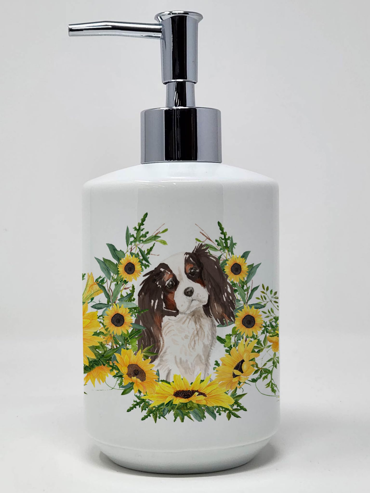 Caroline's Treasures CK2918SOAP Tricolor Cavalier Spaniel in Sunflowers Ceramic Soap Dispenser Hand Soap Dispenser Pump Bottles 