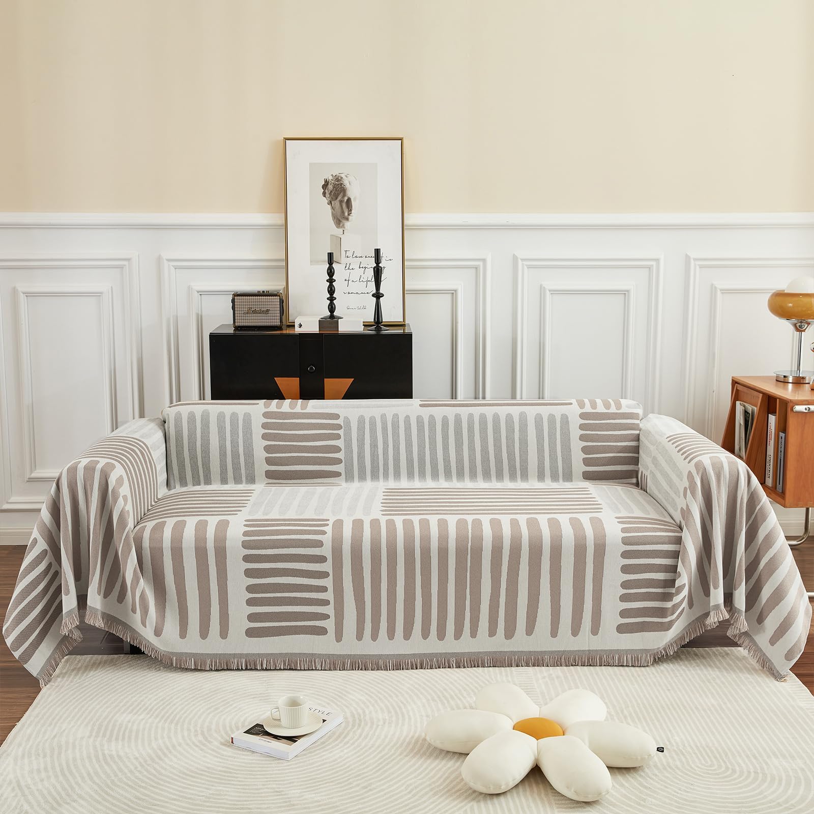 Roomlife Khaki Striped Couch Cover Chenille Sofa Covers For 3 Cushion Couch Large Sectional Couch Covers For Loveseat,Recliner C
