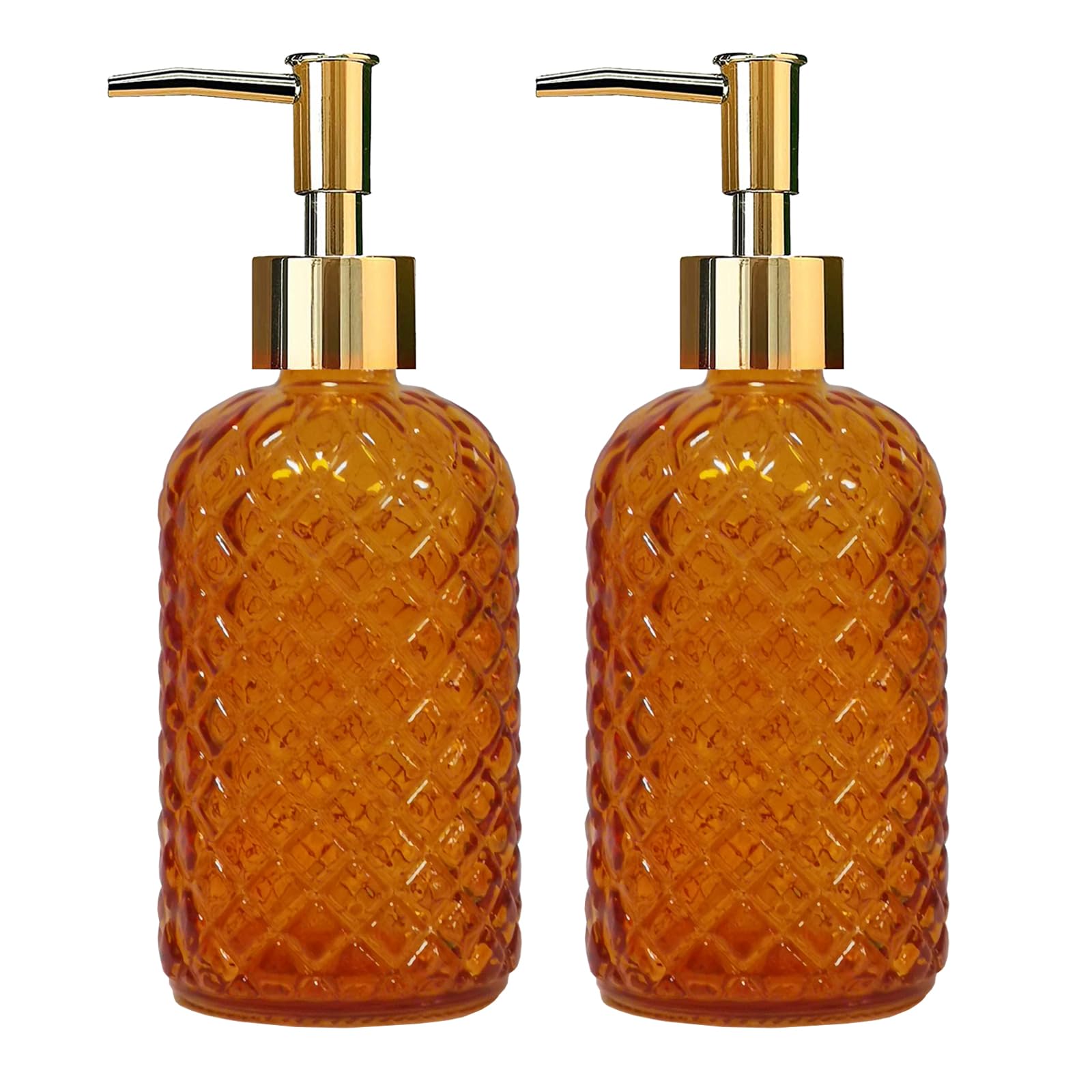 Orange Glass Soap Dispenser, 13.5oz Bathroom Hand Dispenser, Lotion Dispenser with Gold Plastic Pump for Modern Home Decor, Kitc