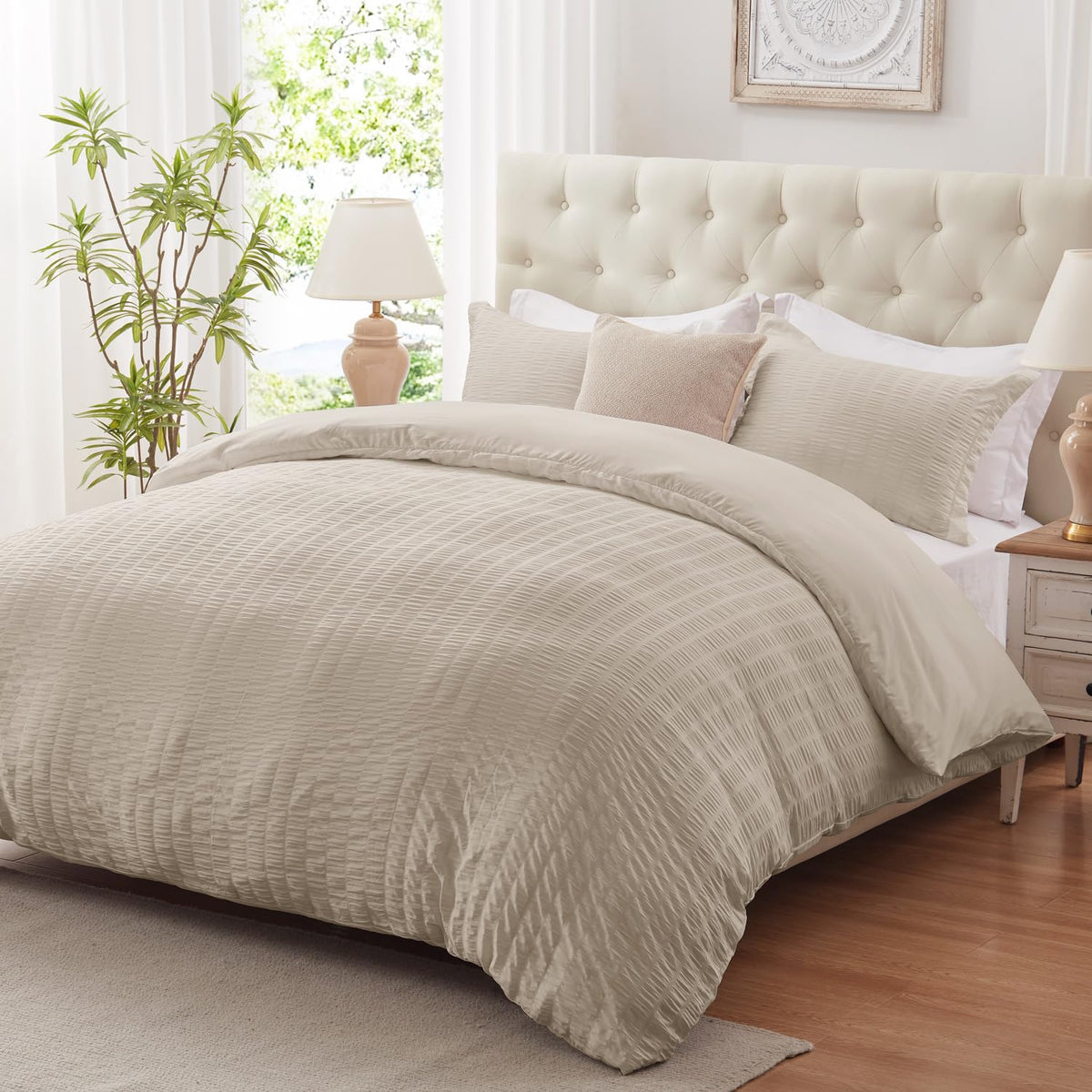 Cozyide Linen Duvet Cover Queen Size, 3 Pieces Bedding Duvet Covers, Soft Breathable Seersucker Duvet Cover Set With Zipper Clos