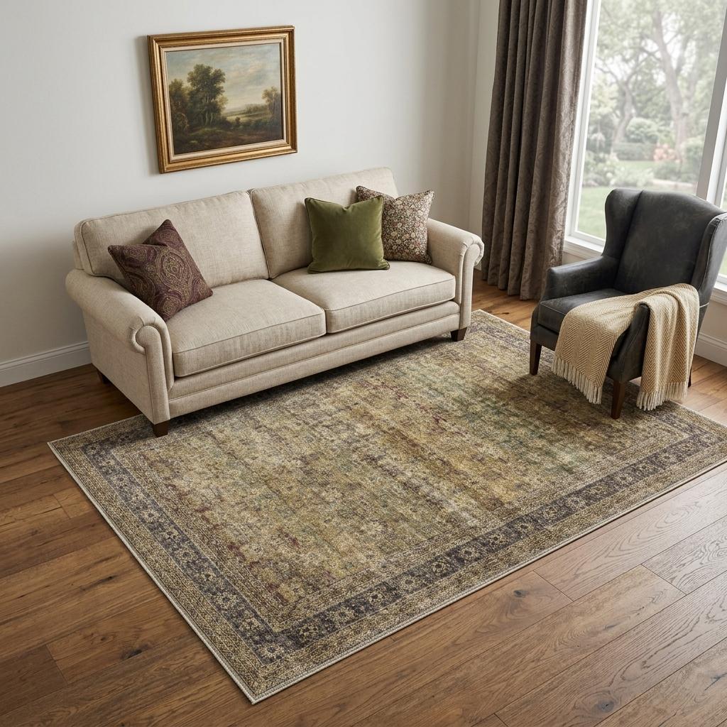 5 X 7 Brown Beige And Green Floral Medallion Washable Area Rug
