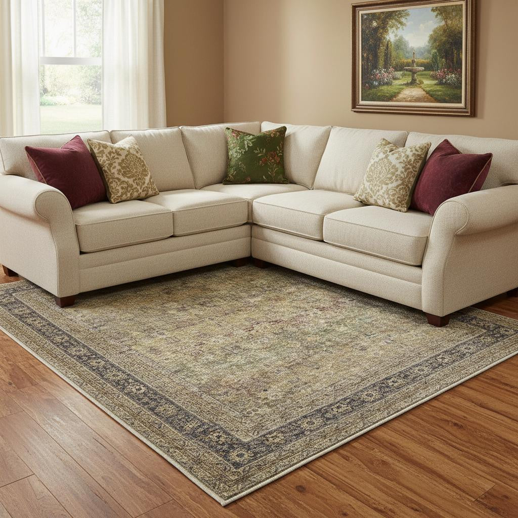 8 X 10 Brown Beige And Green Floral Medallion Washable Area Rug