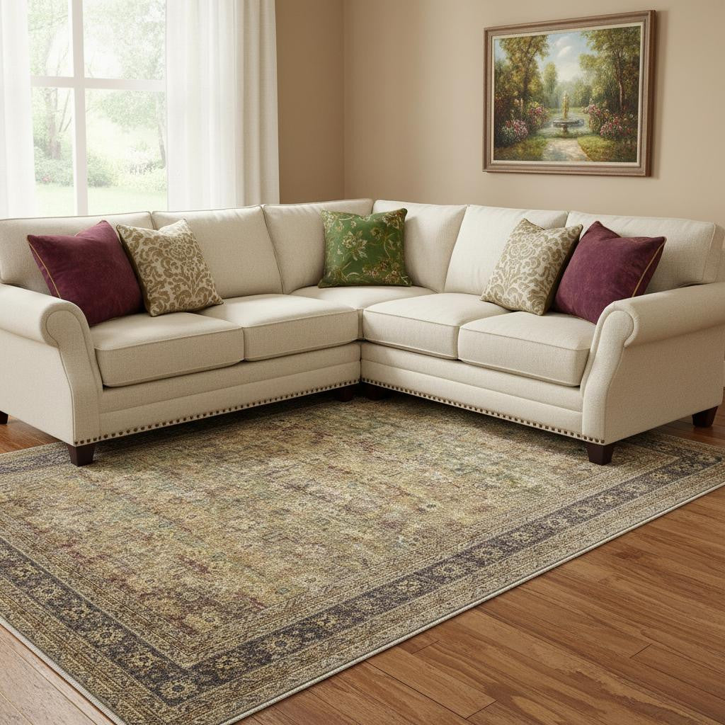 9 X 12 Brown Beige And Green Floral Medallion Washable Area Rug