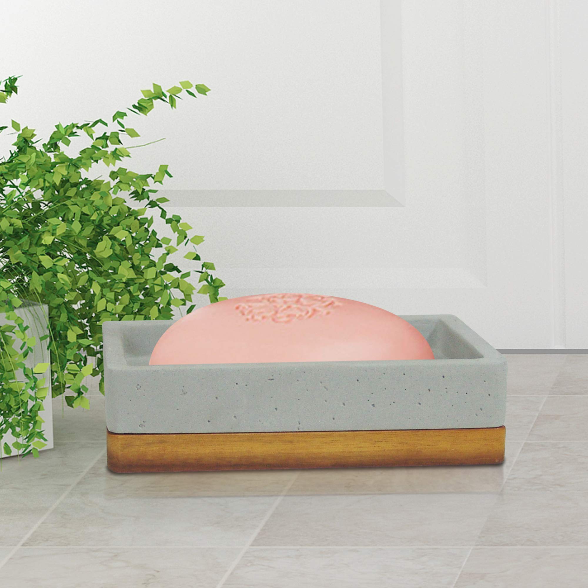 Nu Steel Concrete Bathroom Soap Bar Dish Holder In Real Cement And Wood For Bathrooms & Vanity Spaces