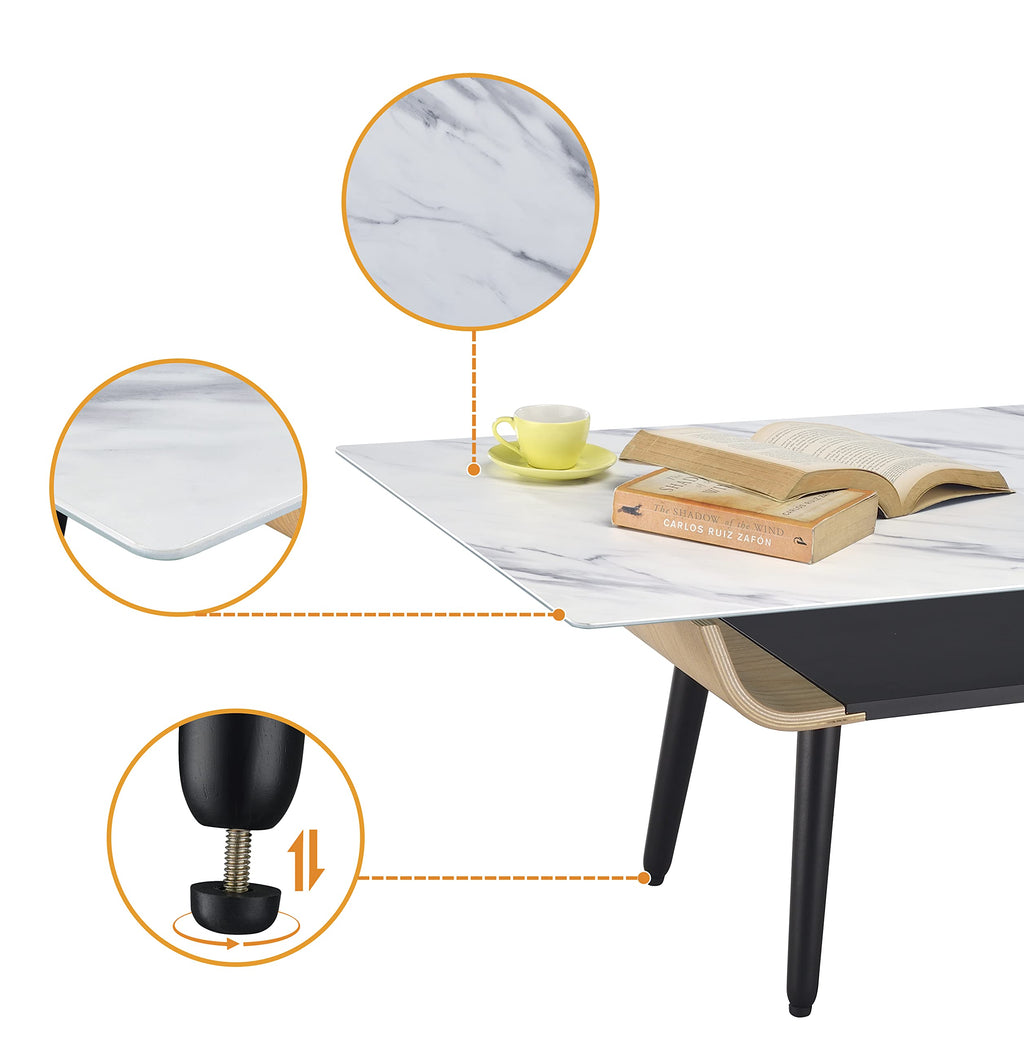 Lilola Home Landon Coffee Table with Glass White Marble Texture Top and Bent Wood Design