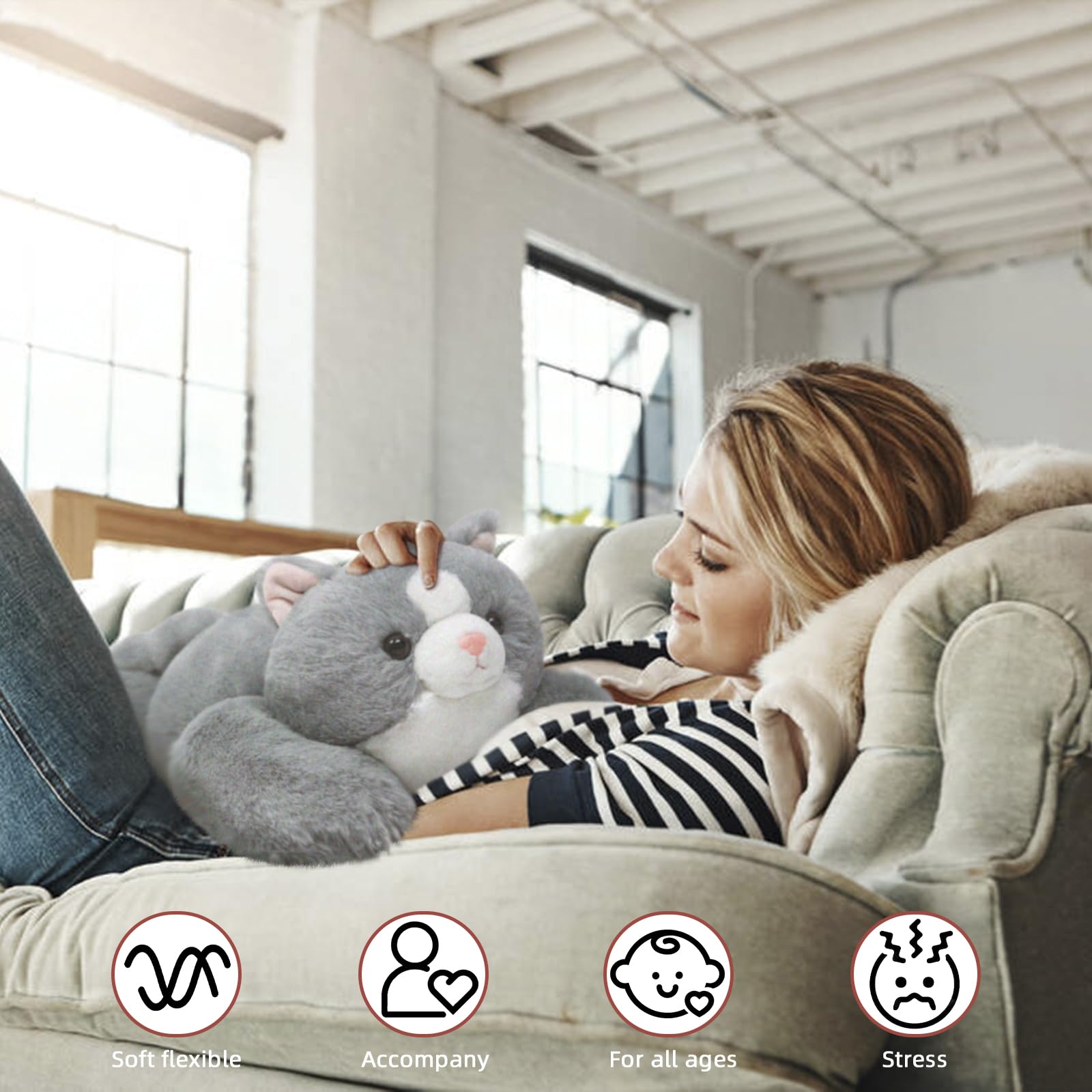 Niuniudaddy 23.6' | 5 Pounds Grey Cat Weighted Stuffed Animals, Cute Weighted Plush Pillow Comfort Big Large Weighted Pillow Pl