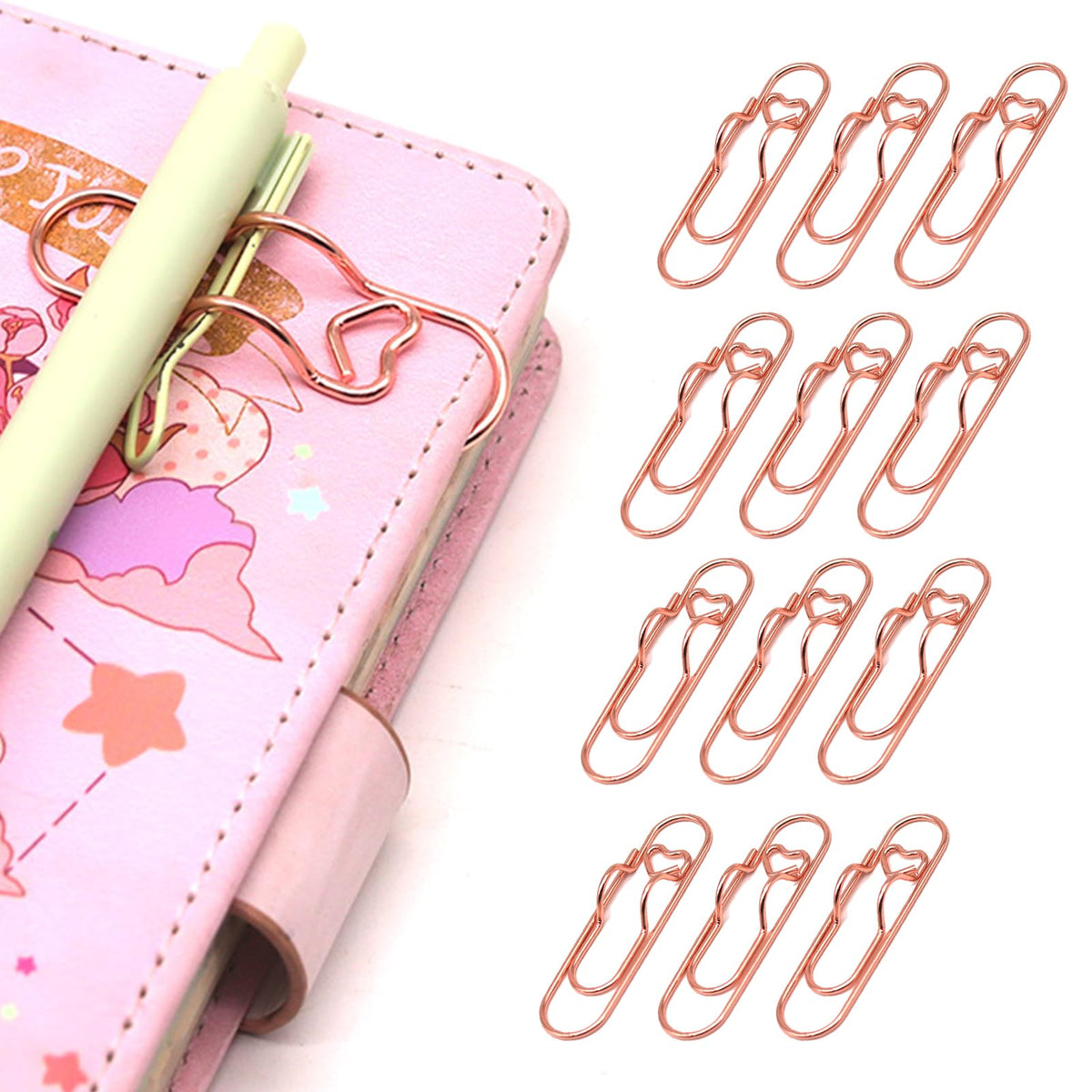 Neljibehu 12-Pack Pen Holder Clips For Notebook, Cute Heart Paper Clips,Rose Gold Office Supplies(12 Rose Gold)
