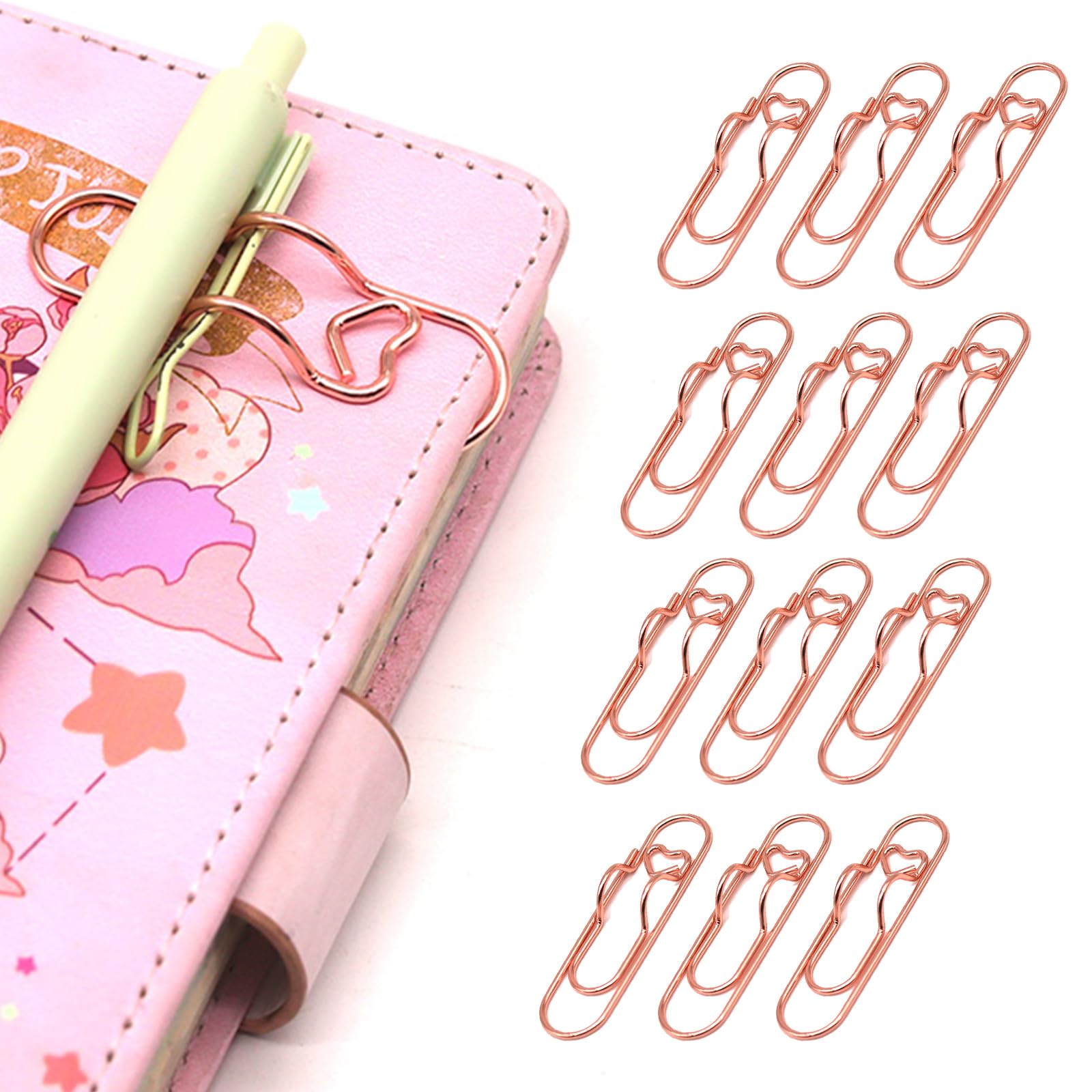 Neljibehu 12-Pack Pen Holder Clips For Notebook, Cute Heart Paper Clips,Rose Gold Office Supplies(12 Rose Gold)