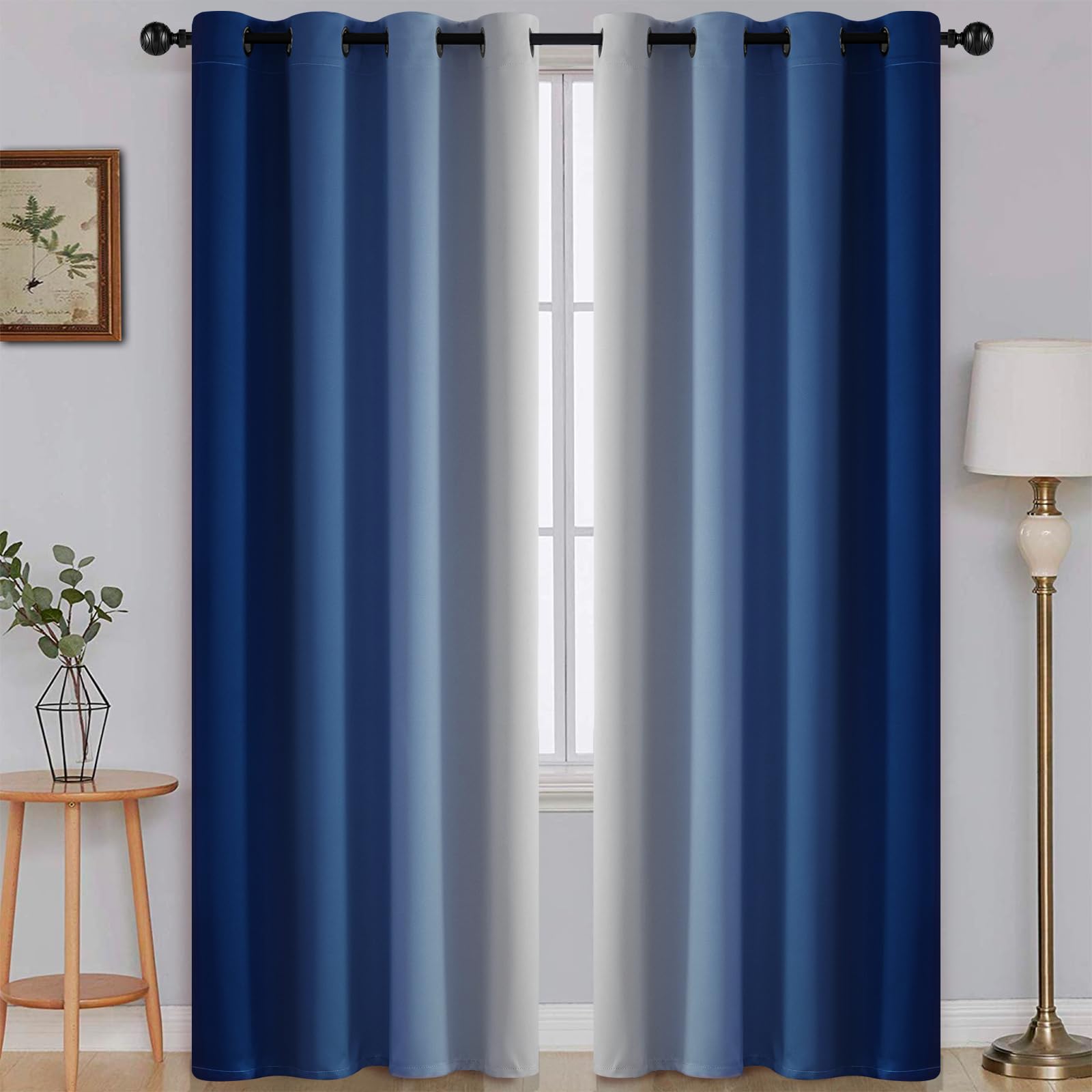 Simplehome Ombre Room Darkening Curtains For Bedroom, Gradient Royal Blue To Grey White Light Blocking Thermal Insulated Grommet