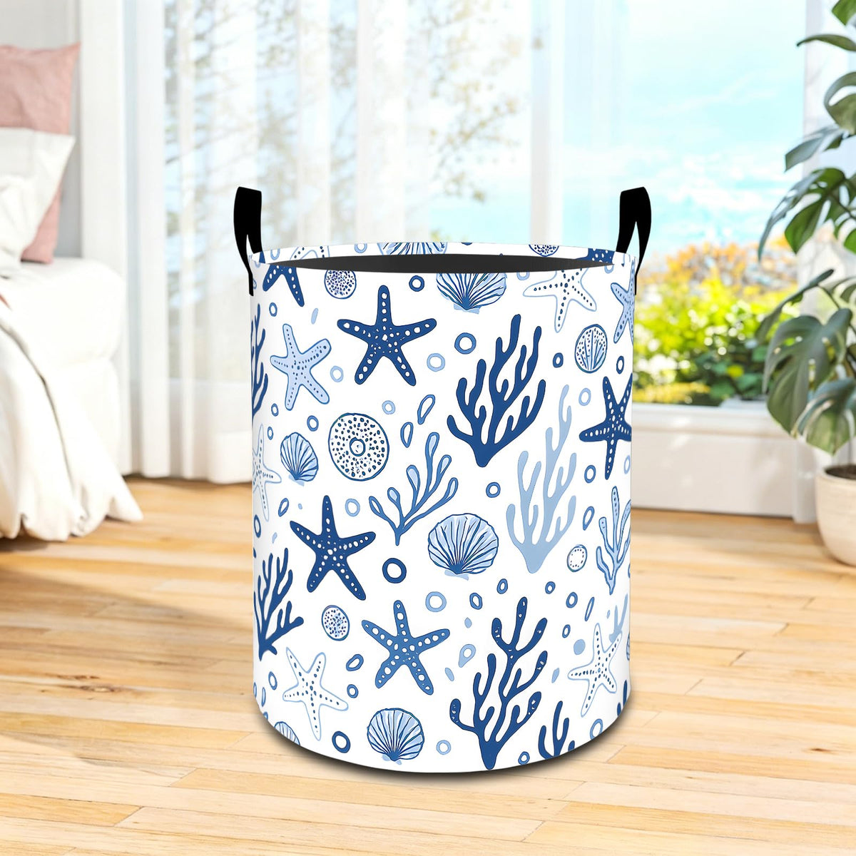 coedoaes Coastal Starfish Laundry Basket Seashell Coral Waterproof Oxford Fabric Cloth Storage Hamper, 19.7x15.7inch Nautical Oc