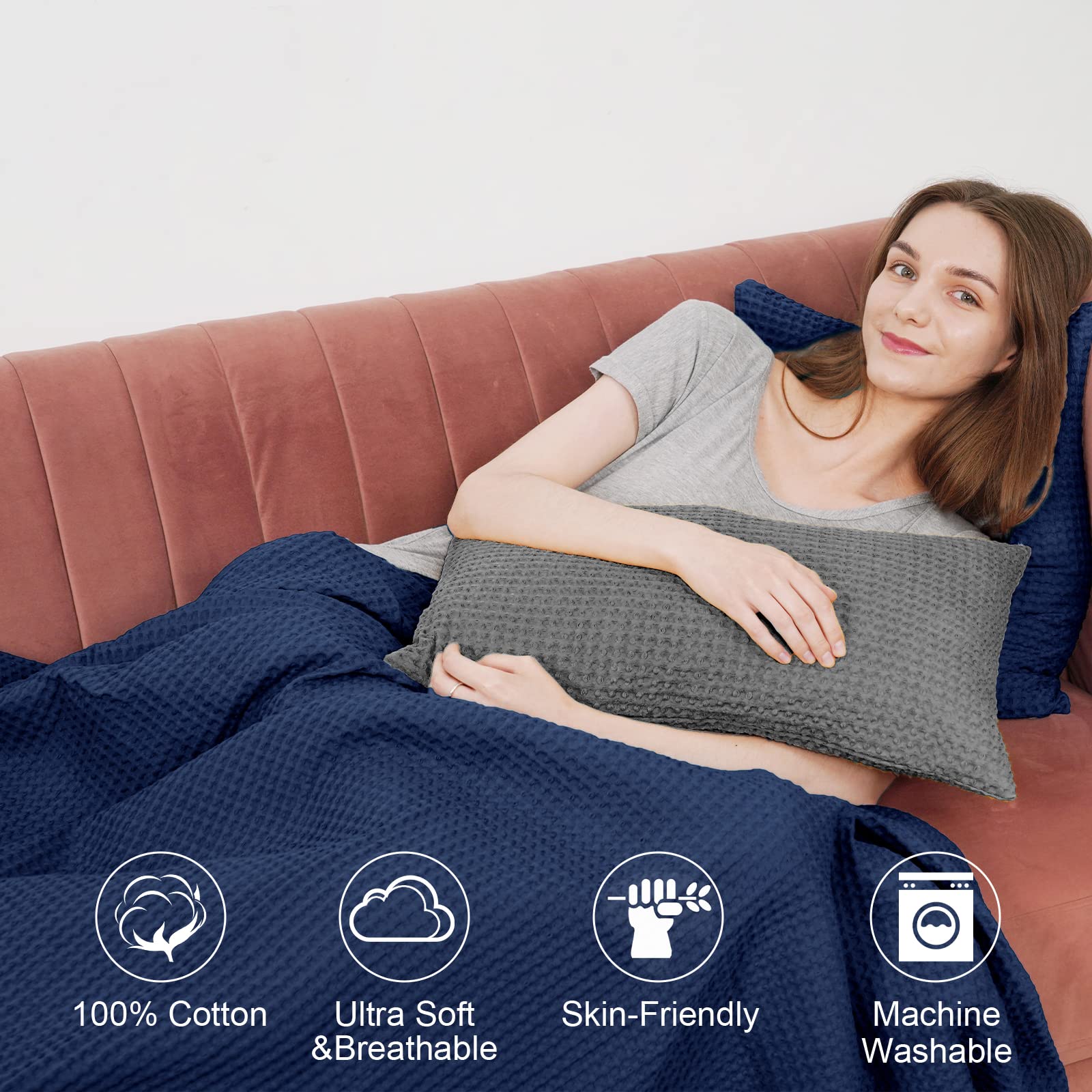 Phf 100% Cotton Waffle Weave Throw Blanket 50'X60'-Lightweight Washed Soft Breathable Blanket For Adults And Kids-Perfect Blanket Layer For Couch Bed Sofa-Elegant Home Decoration-Navy Blue