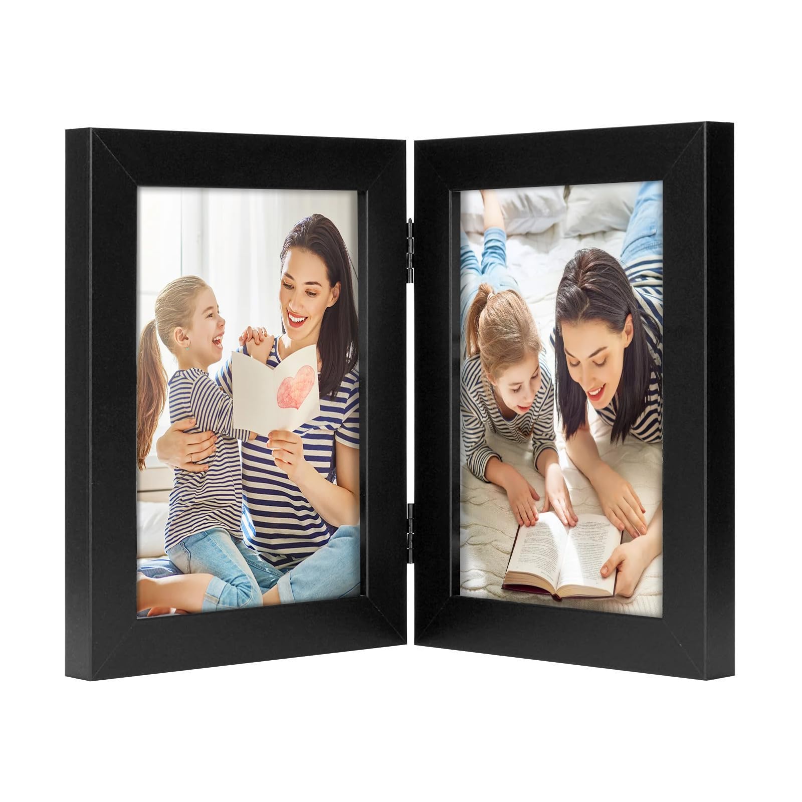 Golden State Art, 5x7 Double Hinged Picture Frame, Two Photo Folding Frames, for Wedding Family Pictures Collage (Black, Double,