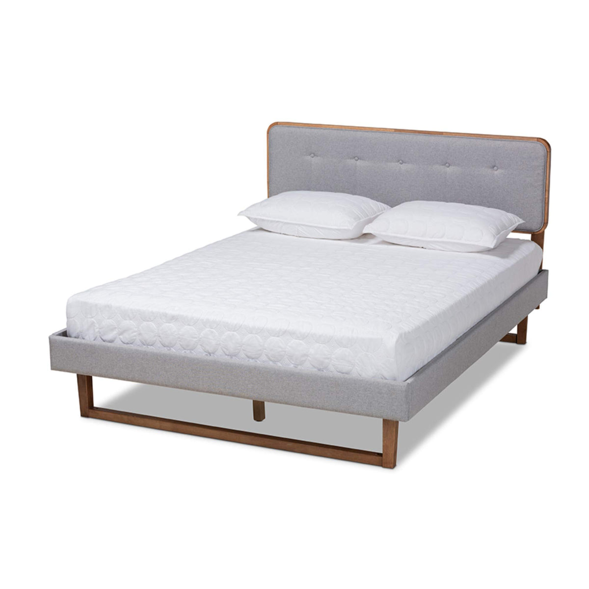 Baxton Studio Sofia Mid-Century Modern Light Grey Fabric Upholstered and Ash Walnut Finished Wood Queen Size Platform Bed