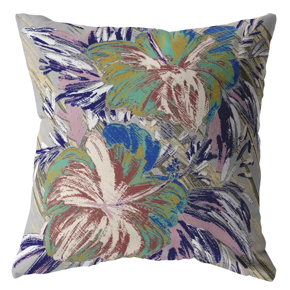 HomeRoots Green On Muted Purple 16â€ Lilac Green Hibiscus Suede Decorative Throw Pillow