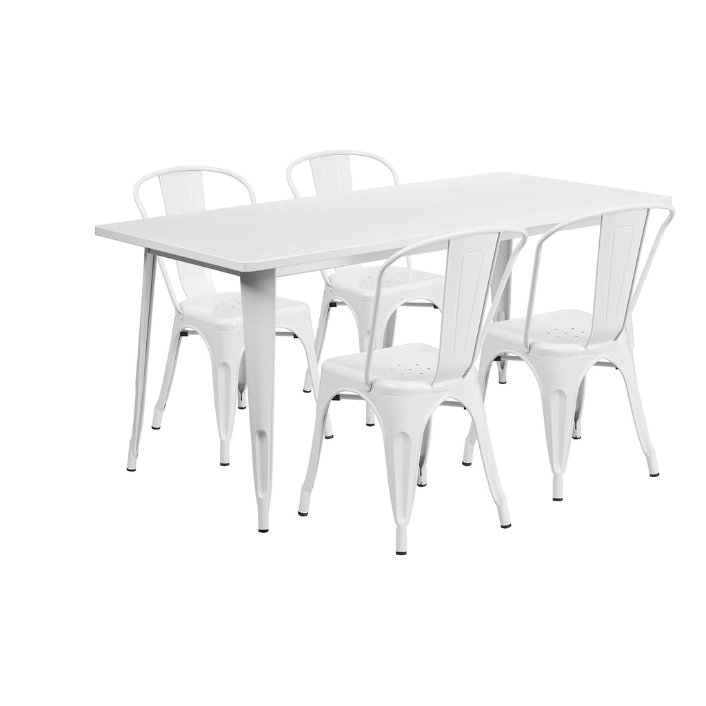 Flash Furniture Commercial Grade 31.5" x 63" Rectangular White Metal Indoor-Outdoor Table Set with 4 Stack Chairs