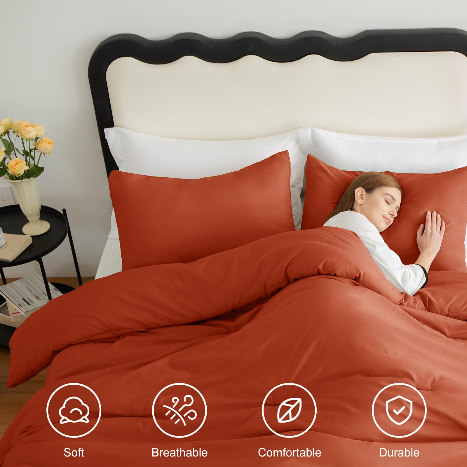 Cozylux Burnt Orange California King Comforter Set, 3 Pieces Cal King Terracotta Solid Breathable Boho Style Bedding Sets, Cozy Soft Microfiber Quilt Comforter All Season(1 Comforter & 2 Pillowcases)