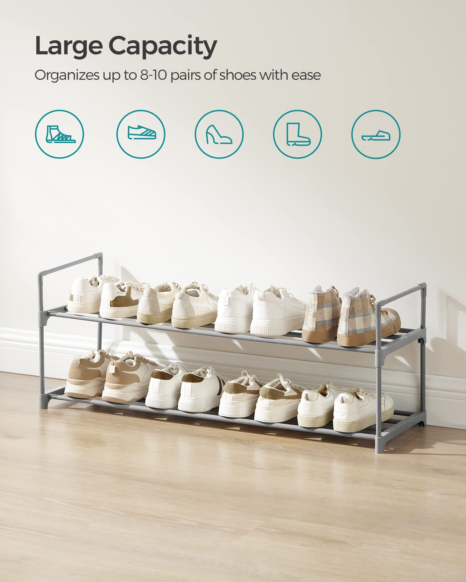 Songmics Shoe Rack, 2 Tier Shoe Organizer, Metal Shoe Storage Shelf For 10 Pairs Of Shoes, Easy To Assemble, Entryway, Grey Ulsa012G01