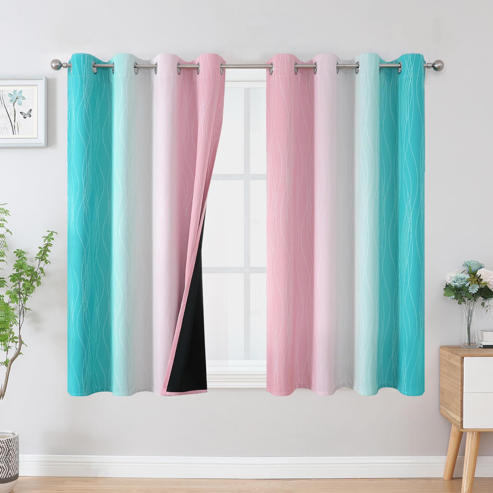 Estelar Textiler Pink And Teal Blackout Curtains 54 Inch Length, Full Light Blocking Gradient Grommet Drapes For Living Room, Th