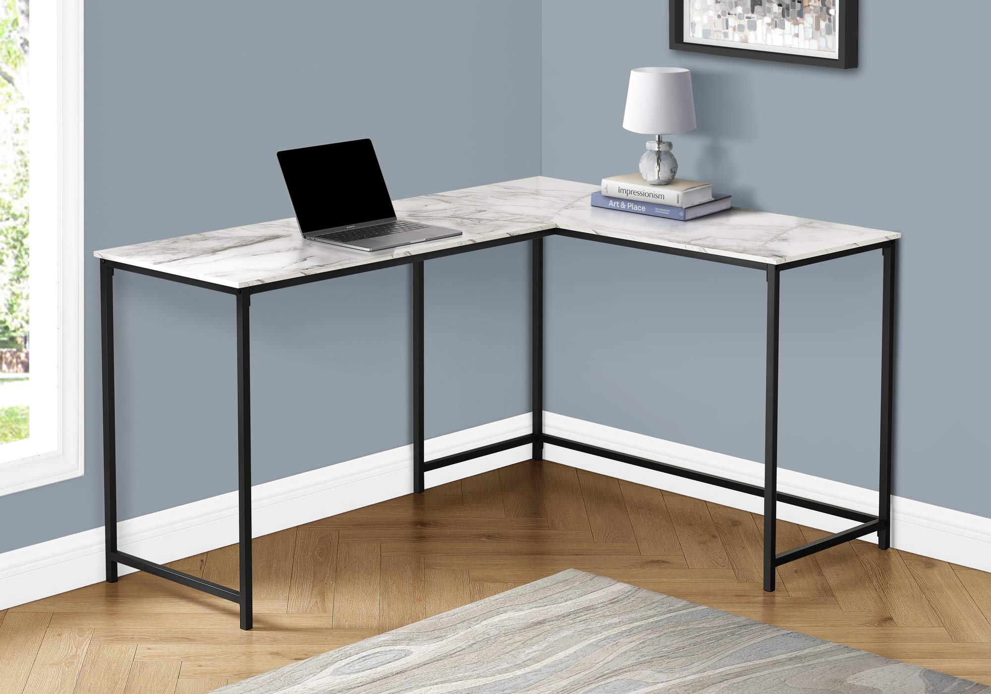 Monarch Specialties I 7393 Computer Desk, Home Office, Corner, 58" L, L Shape, Work, Laptop, Metal, Laminate, White Marble Look, Black, Contemporary, Modern