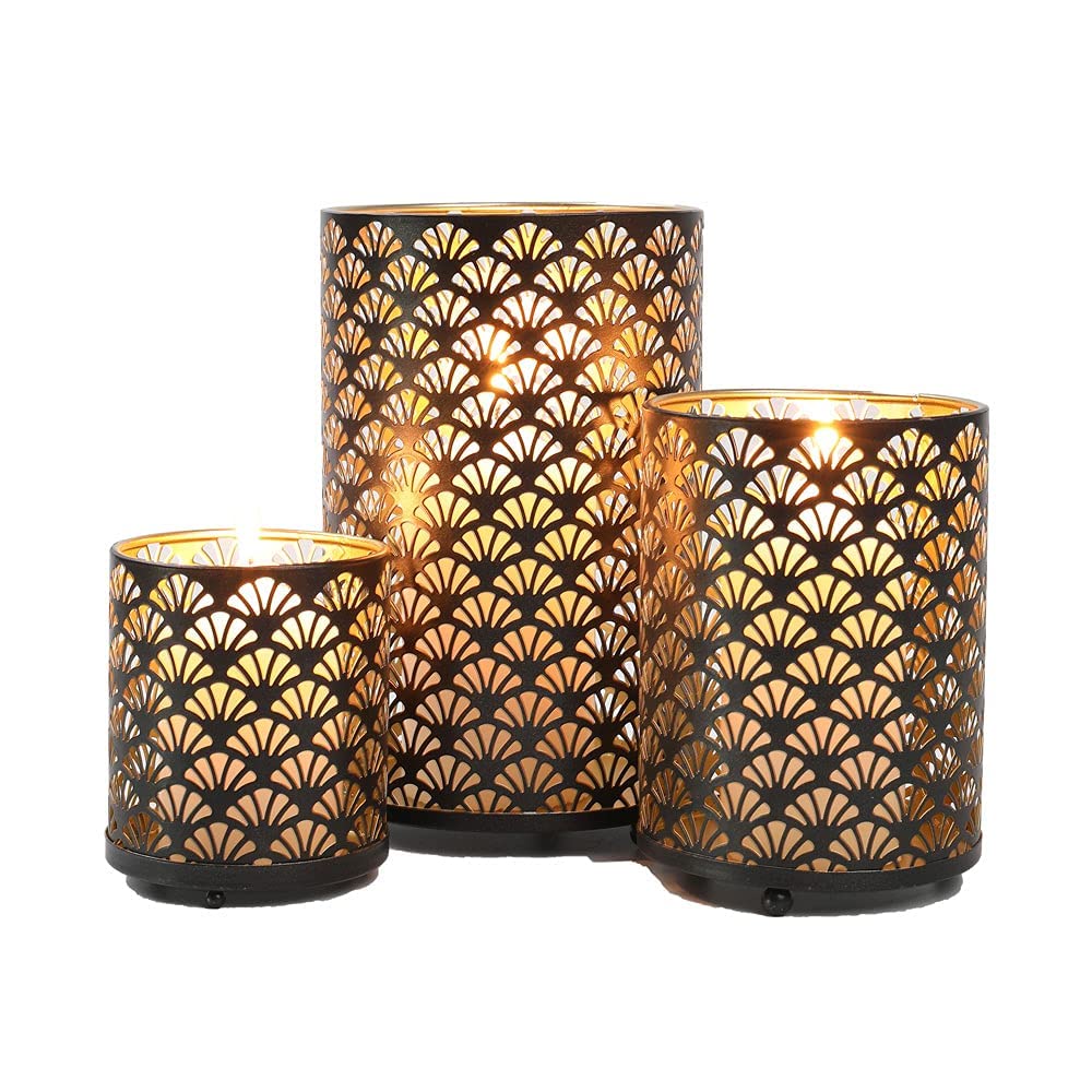 JHY DESIGN Set of 3 Metal Candle Holders Bronze Hurricane Pillar Candleholder Vintage Table Candlestick Holders Great Centerpiec