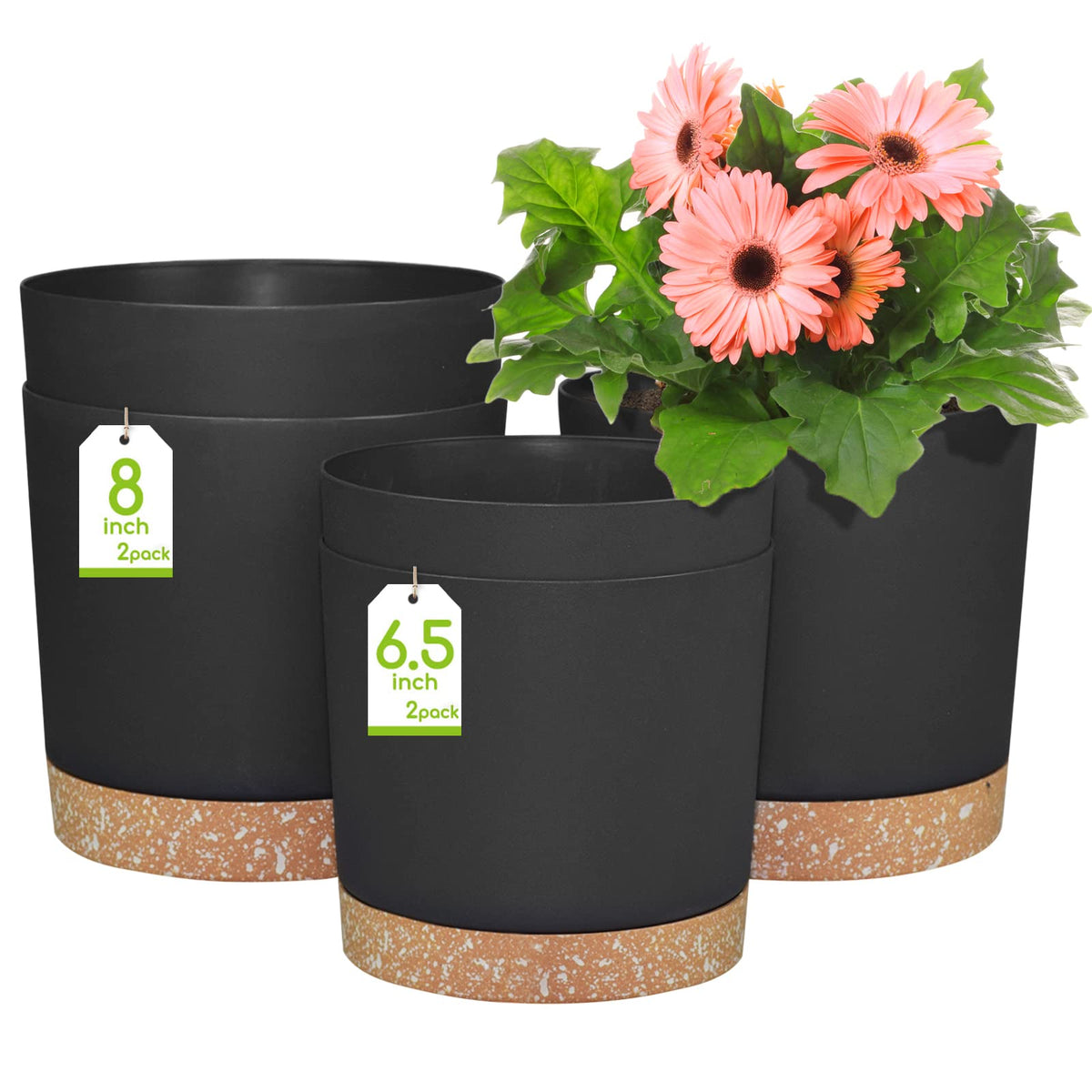 Zmtech 6.5 And 8 Inch Plant Pot, 4 Pcs Self Watering Plastic Planter With Saucers Trays And Drainage Hole, Modern Decorative Flo