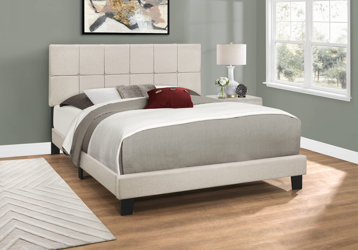 Monarch Specialties I 5605Q Bed, Queen Size, Platform, Bedroom, Frame, Upholstered, Linen Look, Wood Legs, Beige, Black, Transitional