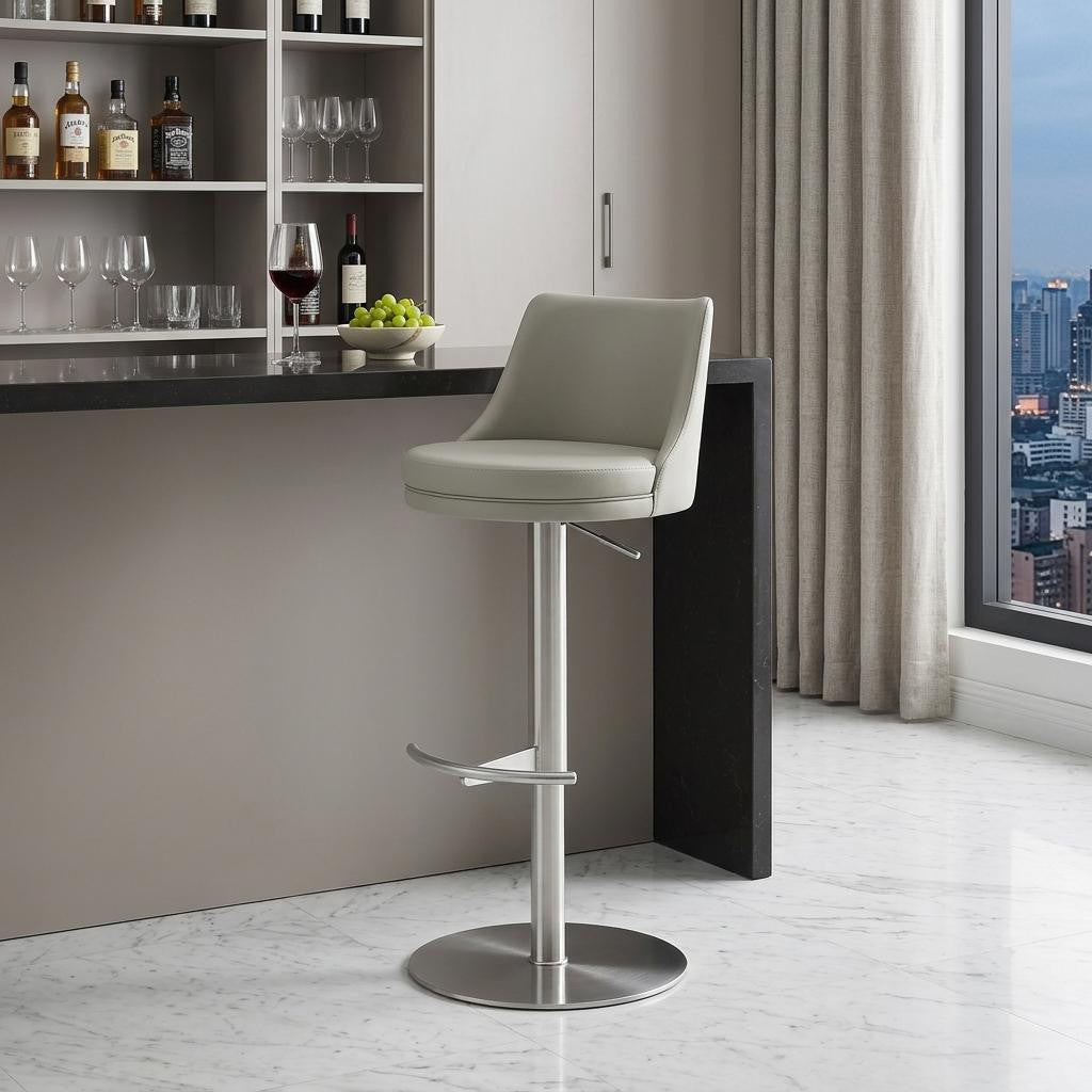 Light Gray And Silver Faux Leather And Steel Low Back Adjustable Height Swivel Bar Chair