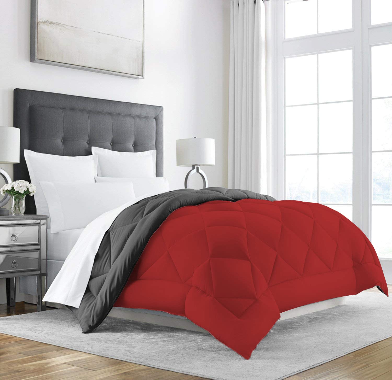 Linenovation All Season Microfiber Reversable Duvet/Ac Comforter/Quilt  Grey Red  Single Size 60 Inch X 90 Inch
