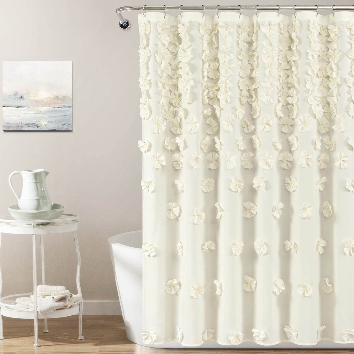 Lush Decor Riley Shower Curtain Bow Tie Textured Fabric Vintage Chic Farmhouse Style Bathroom Decor, 72' X 72', Pale Yellow/Iv