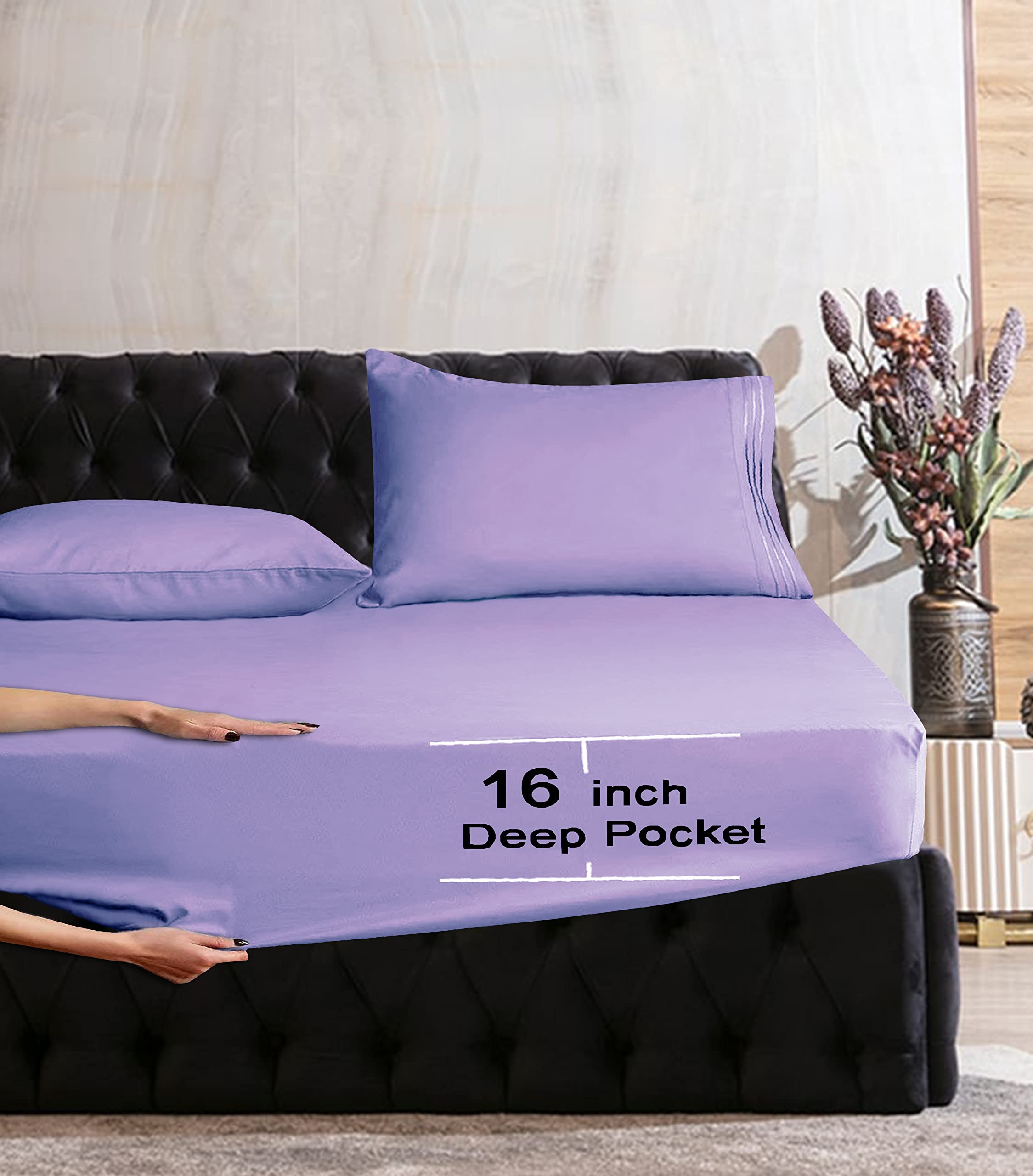 Elegant Comfort Luxurious Wrinkle Resistant 1500 Thread Count Egyptian Quality 1-Piece Fitted Sheet All Around Elastic -Deep Pocket- Ultra Soft Bottom Fitted Sheet, King, Lavender