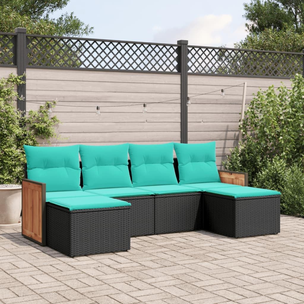 vidaXL Black Poly Rattan Outdoor Patio Sofa Set with Cushions - 6 Piece Modular Garden Furniture with Storage - Blue Cushions, Acacia Wood Armrests