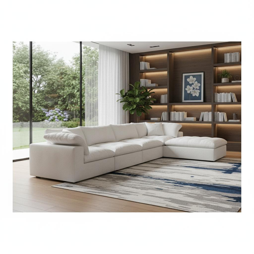 160 Inch White Linen Blend Modular Sofa With Ottoman And Storage