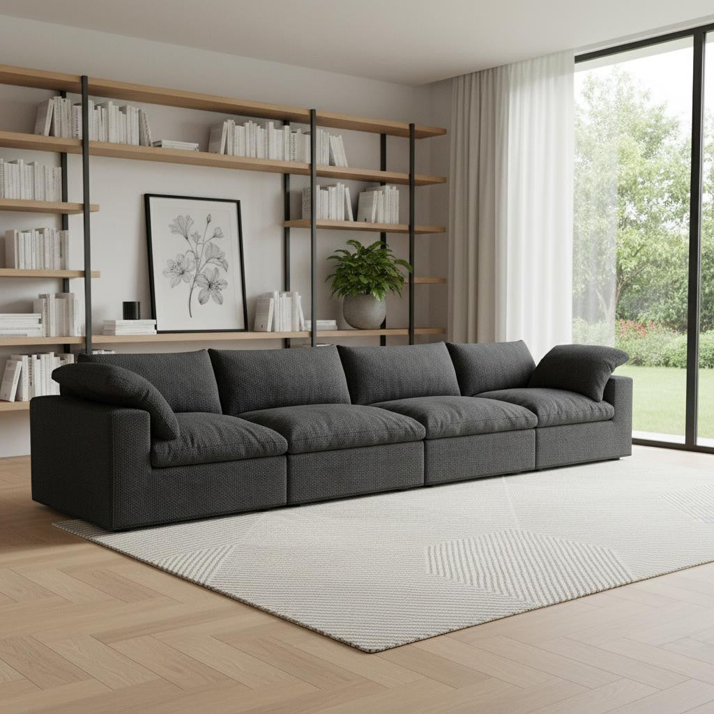 160 Black Linen Blend Modular Sofa With Toss Pillows