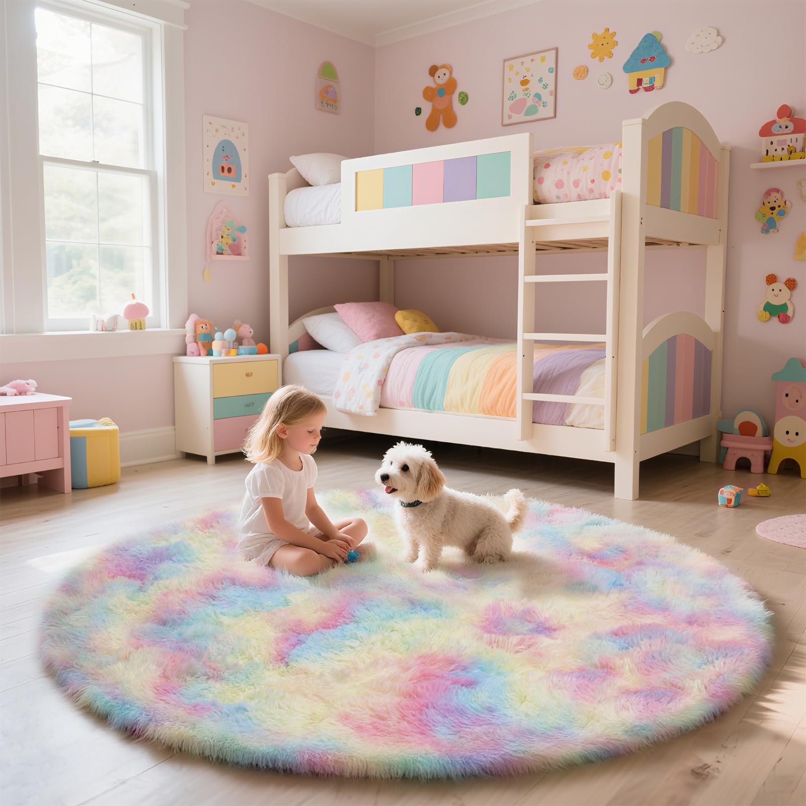yulidayang Rainbow Fluffy Round Area Rugs for Bedroom,5'X5'Shag Circle Area Rugs for Girls Room,Non Slip Fuzzy Plush Rug for Kid