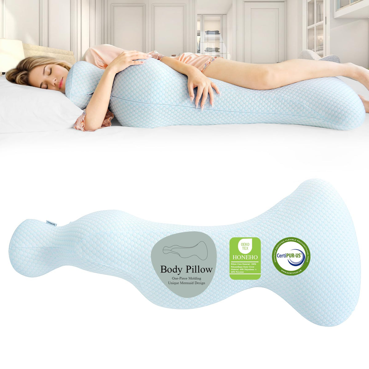 Honeho Small Mermaid Body Pillows, Cooling One Piece Body Pillows For Adults, Long Pillow For Bed, Full Memory Foam Body Pillow,