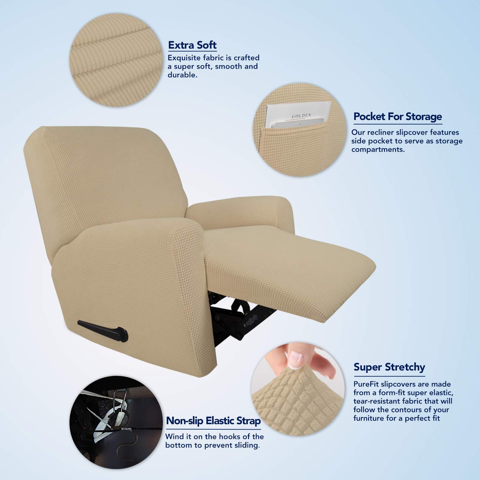 Purefit Stretch Recliner Sofa Slipcover With Pocket – Spandex Jacquard Non Slip Soft Couch Sofa Cover, Washable Furniture Protector With Elastic Bottom For Kids (Recliner, Sand)