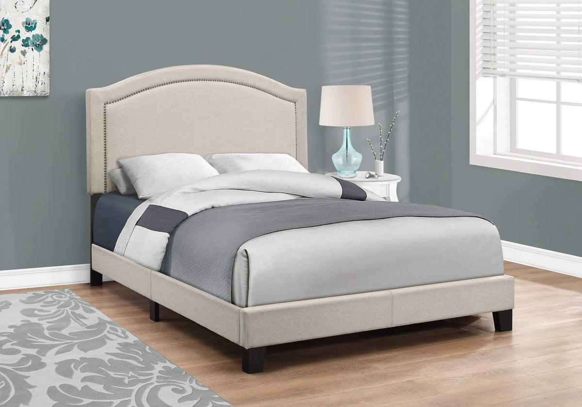 HomeRoots 51.5' Beige Solid Wood, Linen, MDF, and Foam Queen Size Bed with a Brass Trim