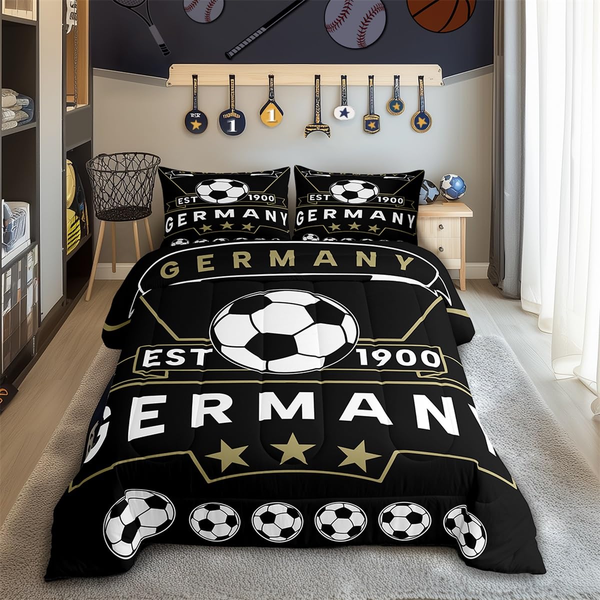 Feelyou Football Sport Bedding Set Twin Size Soccer Theme For Kids Boys Comforter Set Germany Football Teens Duvet Set Black Gol