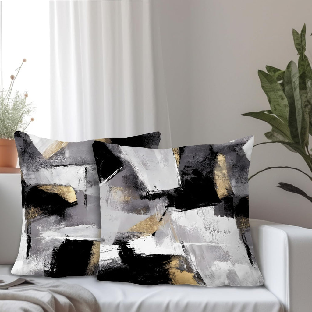 Supwhd Black And White Pillow Covers, Abstract White Black And Gold Pillow Covers 16X16 Set Of 2, Modern Black And White Pillow