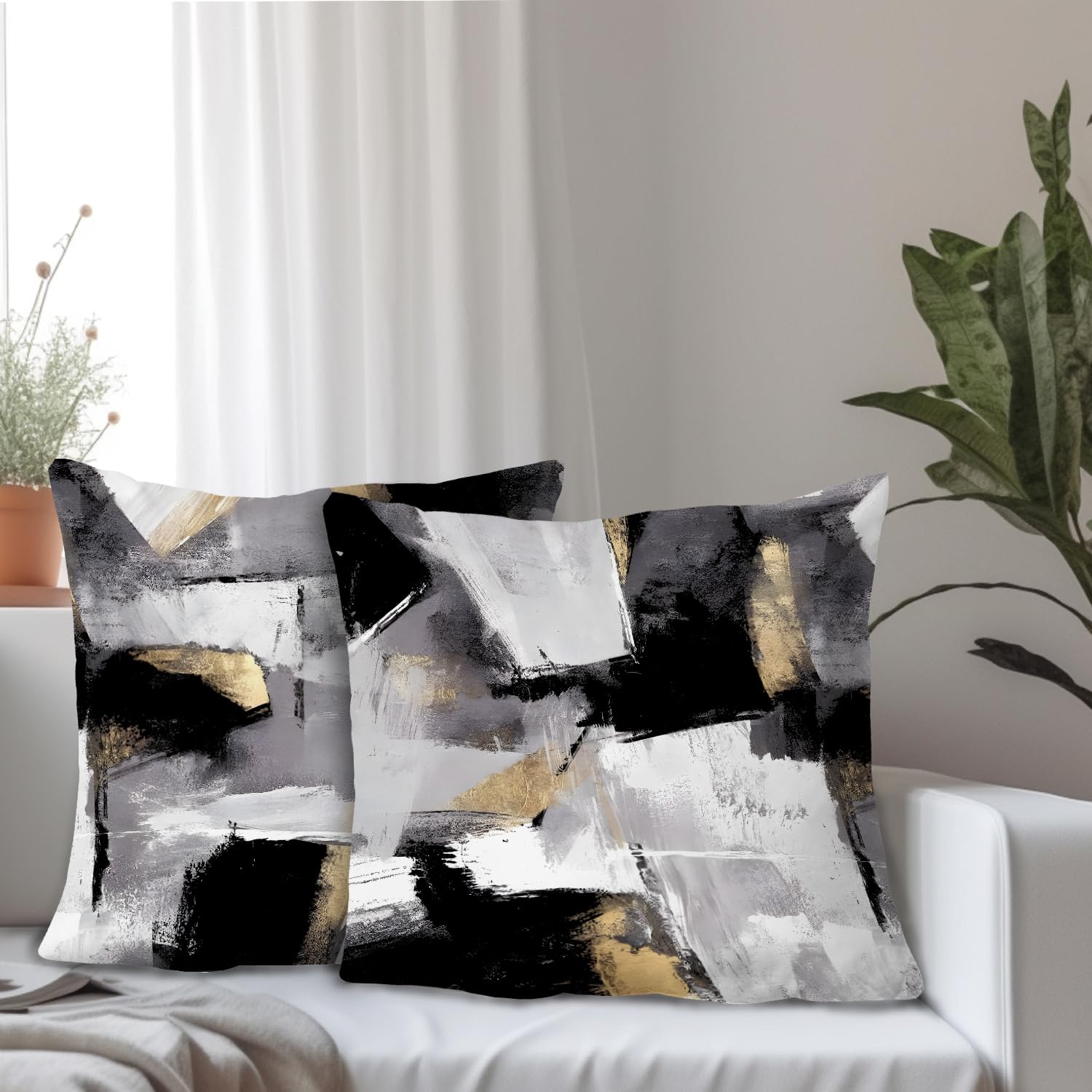 Supwhd Black And White Pillow Covers, Abstract White Black And Gold Pillow Covers 16X16 Set Of 2, Modern Black And White Pillow